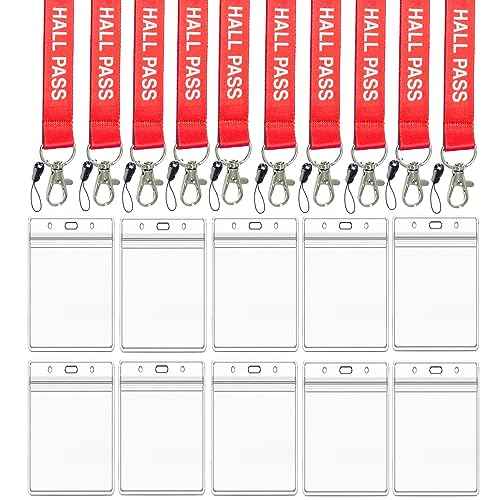 Hall Pass Lanyards with Card Holders, School Classroom Passes Lanyard Set for Teacher Parents (10 x Red)