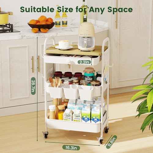 danpinera Rolling Utility Cart with Drawer, 3 Tier Rolling Cart with Wheels, Hooks & Hanging Cups, Craft Cart Art Cart Snack Cart Rolling Storage Cart with Wooden Table Top & DIY Pegboards, White