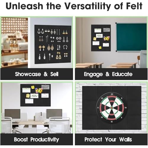 Large Cork Board Felt Wall Tiles, 47"x35" 12 Pack Felt Bulletin Board Pin Board with 48 Safe Removable Adhesive Tabs, 60 Push Pins, Alternative Cork Board for Walls Home Office