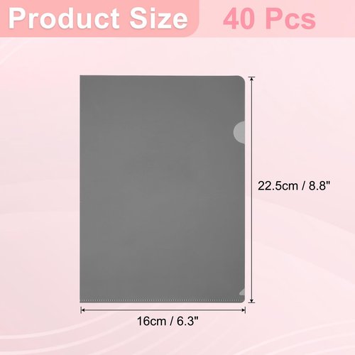 PATIKIL A5 Plastic Folders, 40 Pack Clear Folders L Type Project Pockets Paper Document Jacket Sleeves L Shaped Transparent for Documents Plastic Office File, 6.3x8.8in, Gray