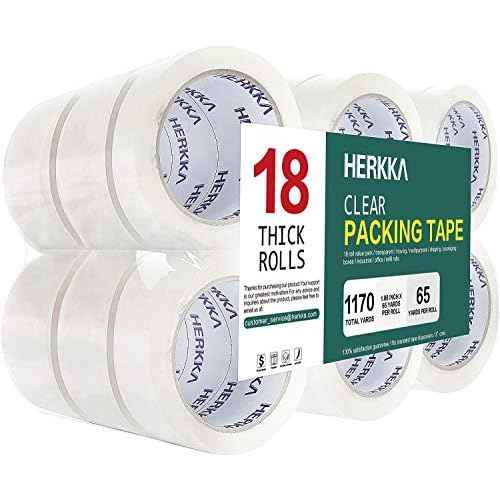 HERKKA Clear Packing Tape, 18 Rolls Heavy Duty Packaging Tape for Shipping Packaging Moving Sealing, Thicker Clear Packing Tape, 1.88 inches Wide, 65 Yards Per Roll, 1170 Total Yards