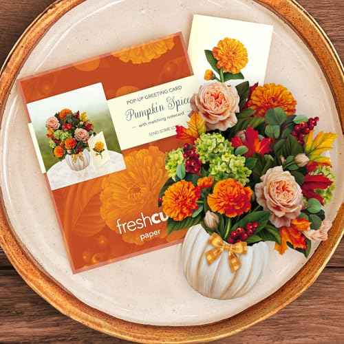 Freshcut Paper Pop Up Cards, Mini Pumpkin Spice, 6 Inch Mini Sized Forever Flower Bouquet 3D Popup Greeting Cards, Autumn Card, Birthday Card, Blank Notecard & Envelope