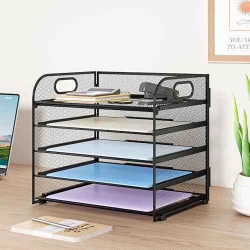 Paper Organizer Letter Tray with Handle Mesh 5 Trays Desk File Organizer Paper Sorter Desk Organizer for Office, Home or School-Black 2 Pack