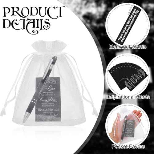 Yeaqee 150 Pcs Funeral Favor Thank You Set Funeral Favor for a Memorial Service 50 Ballpoint Pens 50 Poem Cards White Organza Bags Sympathy Condolence Bereavement Gift(Black,Elegant)