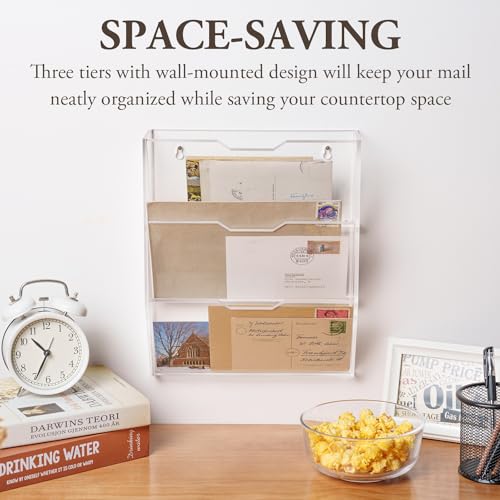 MyGift 3 Tier Mail Sorter, Premium Clear Acrylic Wall Mounted Letter Holder, Home Entryway or Office Document Organizer Rack