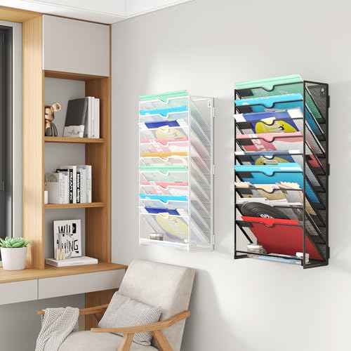Lavatino 10-Tier Hanging File Organizer, Wall Mount File Holder for Mails Folders Papers Magazine Organization, Vertical Document Organizer for Office Home White