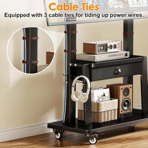Aokitsink Mobile TV Stand with Drawer, 23-75" TV Cart Black, Heavy Duty, 2-Tier Shelves, 600x400mm VESA, Height Adjustable