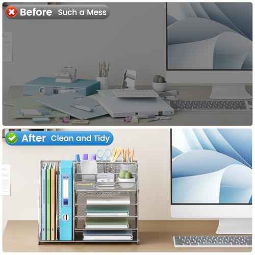 Lavatino 5-Tier Metal Mesh Desk Organizer with 2 File Holders & 7 Customizable Compartments | Paper Letter Tray for Office or Home Desk Storage | Keep Workspace Supplies Neat & Organized, Silver