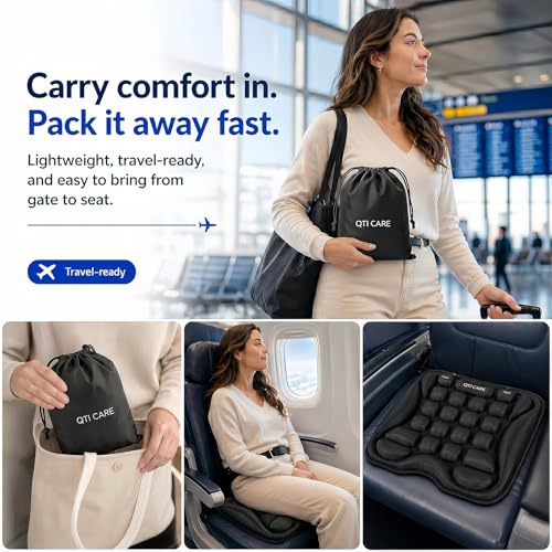 Qticare Air-Cell Travel Cushion XL Black – Inflatable Airplane Seat Pad with Built-in Pump