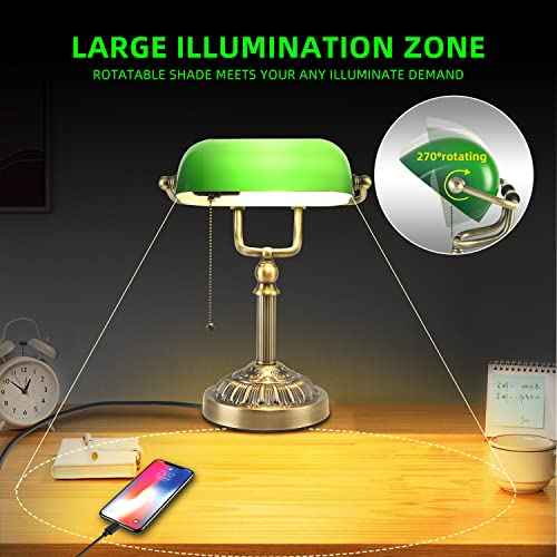 Green Glass Bankers Desk Lamp, Vintage Desks Lamp with USB Charging Port, Traditional Banker's Lamp, Mid Century Desk Lamp Pull Chain for Home Office Library