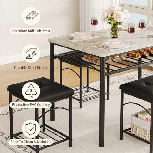 IDEALHOUSE Dining Table Set for 4 in Gray — Upholstered Benches & 2 Stools, Small Space Kitchen & Dining