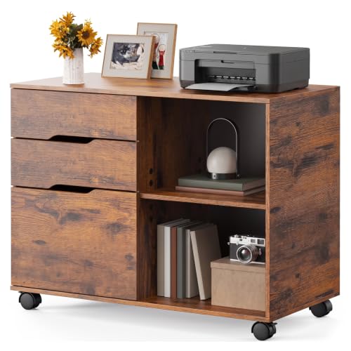 OLIXIS Brown 3-Drawer Lateral File Cabinet with Rolling Printer Stand