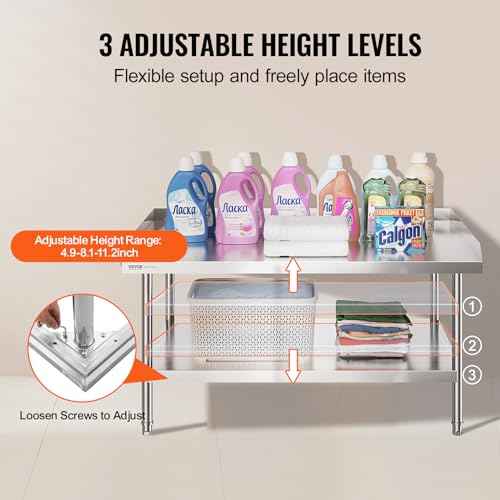 VEVOR Stainless Steel Work Table, 30 x 48 x 26 Inch Commercial Food Prep Worktable, 3-Sided Backsplash Heavy Duty Prep Worktable, Metal Work Table with Adjustable Height for Restaurant Home Hotel