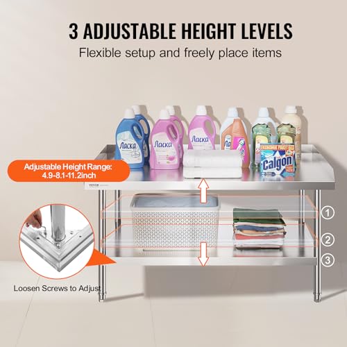 VEVOR 30 x 48 x 26 in Stainless Steel Work Table with 3-Sided Backsplash, Adjustable Shelves, 0.8mm SUS201 for Commercial Kitchen