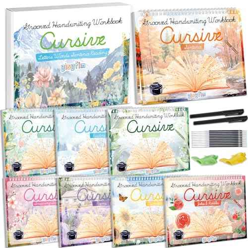 gisgfim 8 Pack Grooved Cursive Handwriting Workbook Learning Grooved Cursive Reusable Handwriting Practice kit with Disappearing Ink Pens Magic Copybooks Set for Kids Beginners Kickoff Student