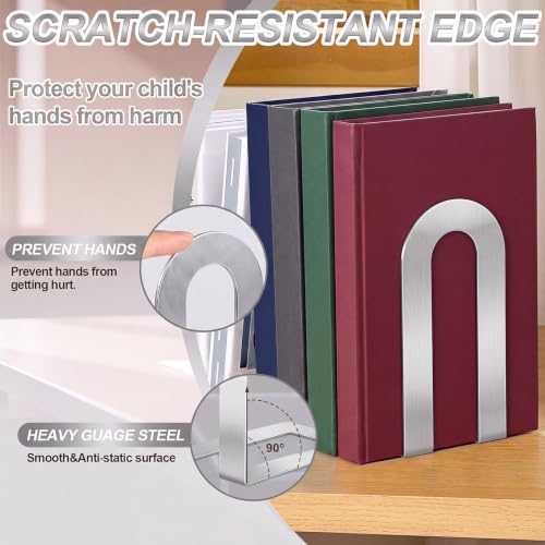 Chunful 2 Pcs Silver Metal Bookends - Modern U-Shaped Shelving Supports, 7.5 x 5.75 x 3.5 in