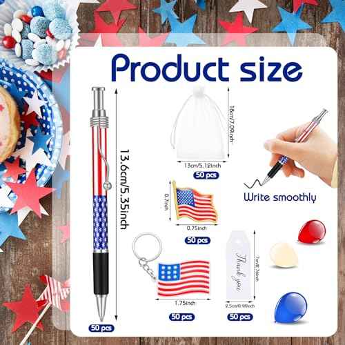 Qilery 250 Pcs Veterans Day Style American Flag Lapel Pins Ballpoint Pen Independence Day Flag Keychains Thank You Card Organza Gift Bag for Home School Office 4th of July Party Supplies