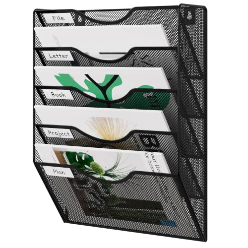 EasyPAG Black 5-Tier Wall File Organizer, No Assembly Metal Mesh Office & Home Storage