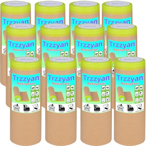 12Inchx50Feet Pre-Taped Masking Paper Roll - Heavy Painters Paper with Adhesive, Tear-Resistant for Auto Body, Wall Painting, Floor Protection, Furniture&DIY Projects(12 Roll) (12, 12inch*50feet)
