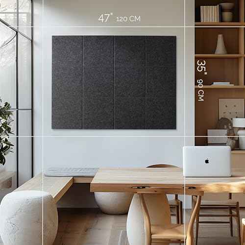 Large Cork Board for Office Black Felt Board Alternative - Felt Bulletin Board Tiles for Office Wall Decor, Push pin Board Wall Organizer for Office - Pack of 12 (Moonstone)