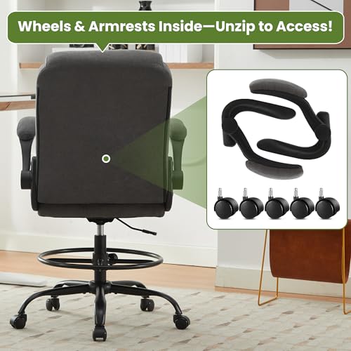 MAHOMICO Grey Drafting Chair Tall Office Chair for Standing Desk, Ergonomic with Foot Ring & Lumbar Support