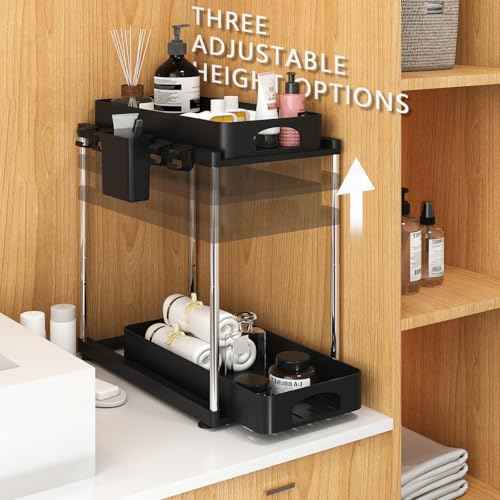 Under Sink Organizer, Under Kitchen Sink Organizer, Height Adjustable Bathroom Cabinet Organizers and Storage, 2 Tier Pull-Out Multi-Purpose Organizer for Bathroom Kitchen Cabinet, Black, 2 Pack