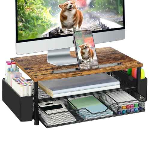 AUPSEN Wood Desk Organizers and Accessories, 2-Tier Computer Monitor Stand Riser with Drawer, Pen Storage & Phone Holder, Office Desk Accessories, Workspace Desktop Organization for Office Supplies£¨Brown£©