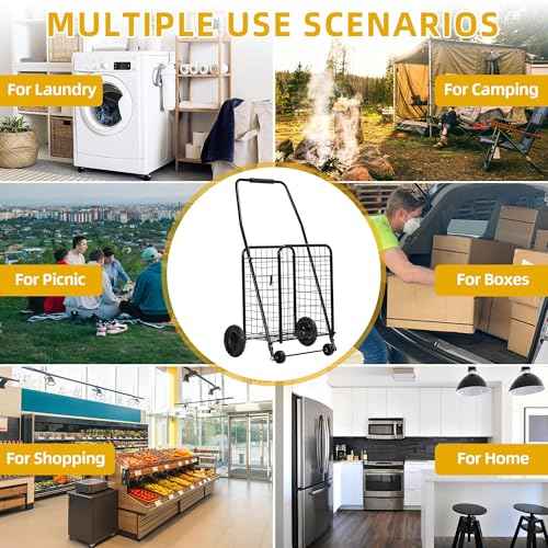 DWVO Folding Shopping Cart with Wheels, Rolling Foldable Grocery Cart for Seniors, Portable Collapsible Utility Cart for Shopping Groceries Laundry Stair Climbing Storage