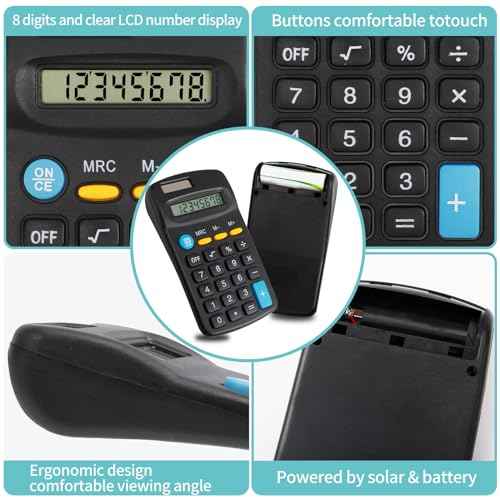 24 Pieces Pocket Size Mini Calculators,Pocket Calculator,Solar Battery Dual Power Desktop Calculators,8 Digit Display Basic Calculator for Students Kids Home Office(Black)