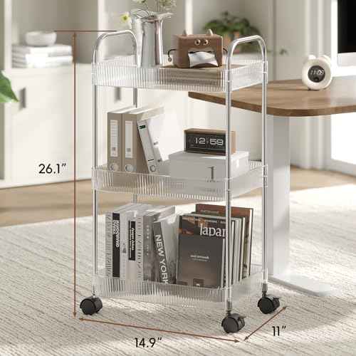 3 Tier Rolling Cart with Wheels, Utility Trolley with Handle, Clear Acrylic Movable Storage Organizer for Kitchen, Bathroom, Nursery, Laundry, Book, Snack, Craft