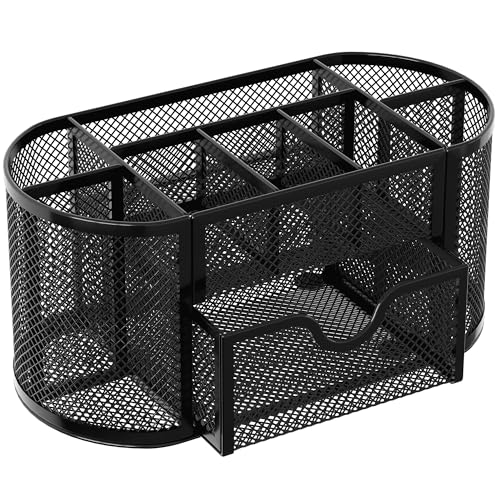EasyPAG Mesh Pen Holder Desk Organizer with Drawer - Black, 9 Compartments