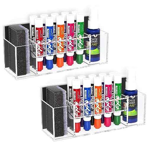 HBlife 2 Pcs Acrylic Magnetic Dry Erase Marker Holder for Whiteboard, Wall Mount 10 Slots Magnet Pen Pencil Holder for Fridge Refrigerator, Locker Organizer Accessories for Classroom Office, Clear