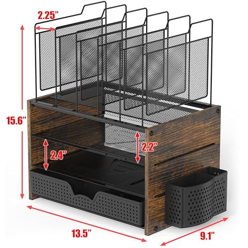 Simple Houseware Mesh Desk Organizer with Wooden Side Panel, Rustic Brown