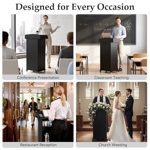 Suuiwau Portable Podium Stand with 4 Wheels, Black – Mobile Lectern with 2 Shelves, Cabinet & Desk for Church, Classroom, Restaurant, Office