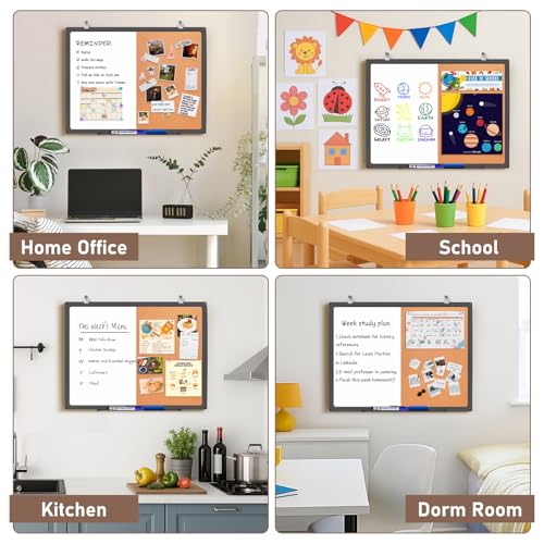 maxtek Combination White Board & Bulletin Cork Board 24 x 18 Whiteboard Magnetic, Combo Dry Erase Board with Black Aluminum Frame, 2' x 1.5' Hanging Message Board Wall Mounted for Homeschool Office