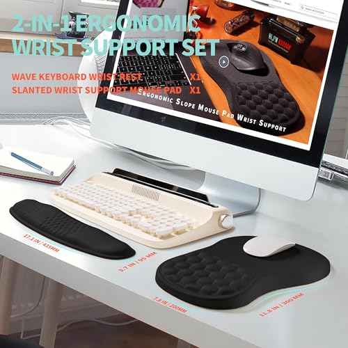 2-in-1 Ergonomic Set, Wave Rise Keyboard Wrist Rest and Massage Bulge Slope Mouse Pad Wrist Support, Cushion Memory Foam Integrated to Relieve Wrist Pain, Black
