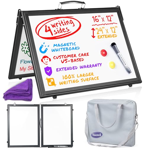 Small Dry Erase White Board ? Magnetic Desktop Whiteboard - 16x12 inch 4 Sides Portable Whiteboard for Kids - Tabletop Mini Easel with Cover Bag for Office Desk, Students, Teachers