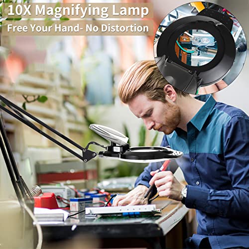 10X LED Magnifying Lamp with Clamp, KIRKAS 2,200 Lumens Dimmable Super Bright Daylight Magnifying Glass with Light, Adjustable Swivel Arm Lighted Magnifier Lamp for Reading Repair Crafts- Black