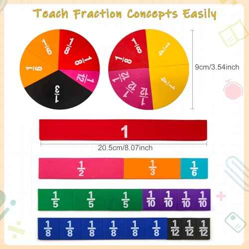 12 Sets Fraction Bars Include 6 Sets Fraction Tiles and 6 Sets Fraction Circles for Math Classroom Foam Fractions Manipulatives Math Manipulatives for Home School Supplies
