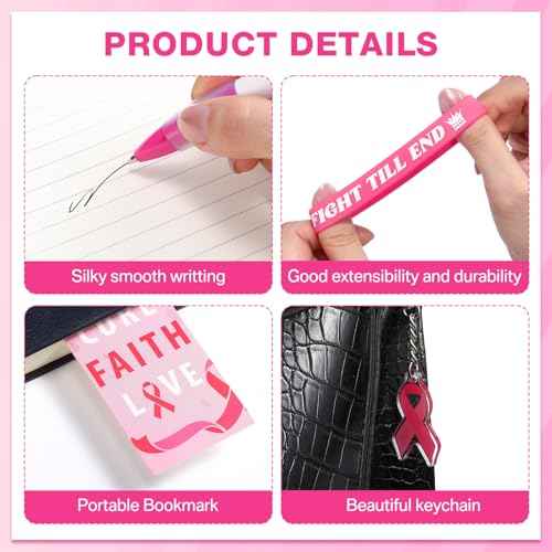 120 Pcs Breast Cancer Awareness Gift Set Include Breast Cancer Pens Pink Ribbon Silicone Bracelets Wristbands Bookmark Keychain Pink Organza Bag for Office Public Charity Events Supplies