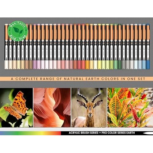 36 Flexible Brush Tip Earth Tones Acrylic Paint Pens Markers Set 1-7mm Line for Rock Painting, Brush Lettering, Glass, Mugs, Wood, Metal, Canvas, Fabric, Plastic. Non Toxic Waterbased Quick Drying