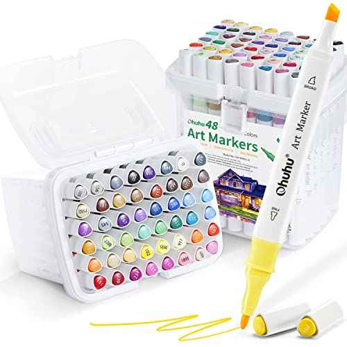 Ohuhu Alcohol Based Markers Set: 96-pack Double Tipped Art Marker - Chisel & Fine Color Sketch Markers for Artists Adult Coloring Drawing Illustration - 2 x Colorless Blender & 2 x Case