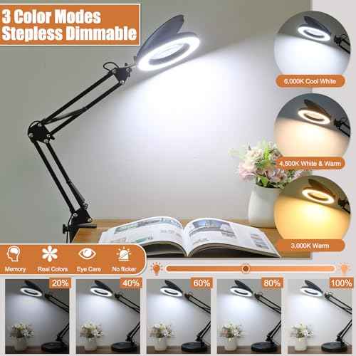 Veemagni 2-in-1 Magnifying Glass with Light and Stand, 3 Color Modes Stepless Dimmable, 4X Real Glass Desk Lamp with Clamp & Lens Cap, LED Lighted Magnifier with Light for Reading Crafts Close Works