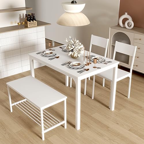 SogesHome 3-Piece Dining Table Set with 2 Chairs & Bench, White