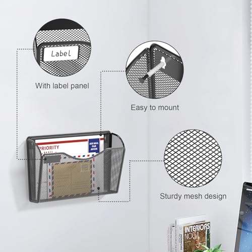 Samstar Black Mesh Wall Mounted File Organizer with Label Panel - 6 Pockets for Office & Home