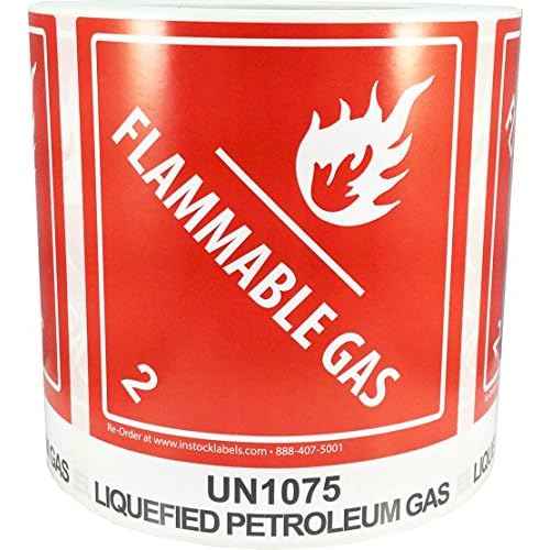 Hazard Class 2 D.O.T. UN1075 Liquified Petroleum Gas Flammable Gas Labels 4 x 4 3/4 Inch Square 500 Adhesive Labels