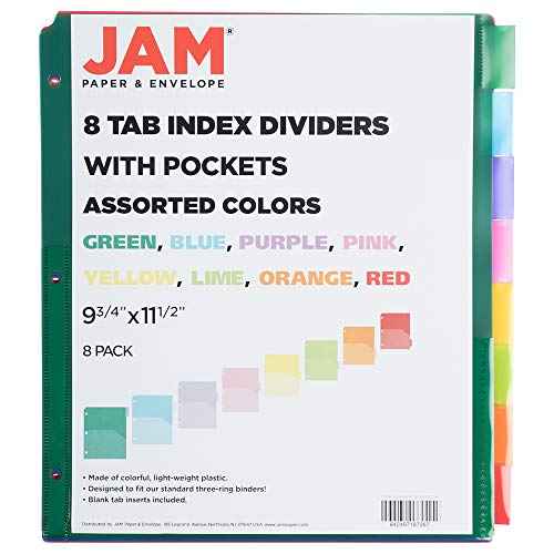 JAM PAPER Plastic Index 8-Tab Dividers w/Double Pockets - 9 3/4 x 11 1/2 - Assorted Multi-Color - 6 Packs of 8 Tabs/Set