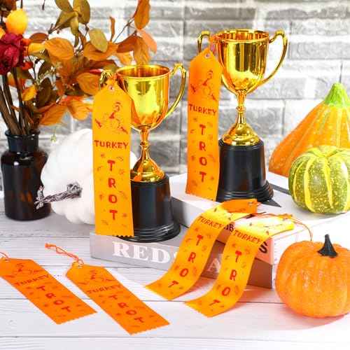 100 Pcs Thanksgiving Turkey Trot Award Ribbons Bulk 2 x 8 Inch Thanksgiving Turkey Medal Ribbons with Card and String Thanksgiving Turkey Race Prizes Ribbons for Tournament Party Family