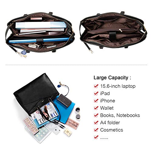 LOVEVOOK Black 15.6 Inch Waterproof Leather Laptop Tote Bag for Women Business & Office