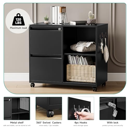 SISESOL Black 2-Drawer Metal File Cabinet with Lock & Shelves, Mobile Office Organizer, Fits Legal/Letter/A4 Sizes